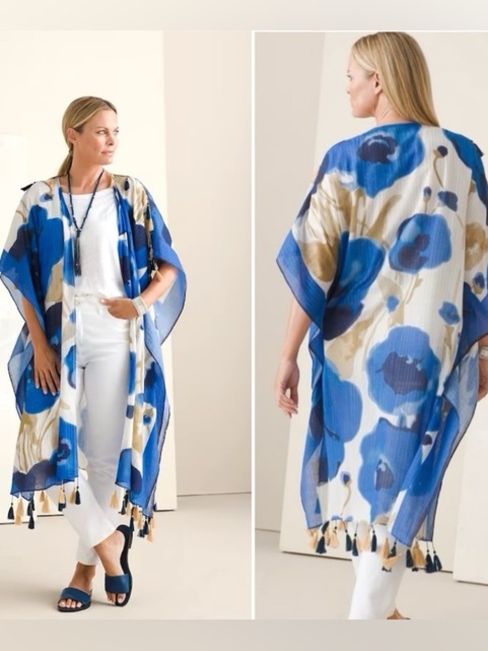 Aratta Silent Journey Kimono Duster One Size Blue Metallic Watercolor Floral